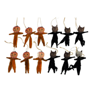 Vintage Japan Chenille Halloween Black Cat & Pumpkin Ornaments (Set of 12)