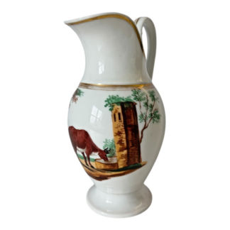 Antique Old Paris French Porcelain Pitcher - Hand Painted Cow Scene & Gold Gilt
