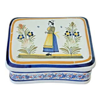 Vintage Henriot Quimper France Lidded Trinket Box with Breton Woman - Signed