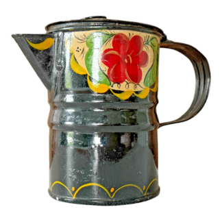 Antique Folk Art Hand Painted Tin Toleware Syrup Pitcher with Hinged Lid