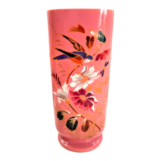 Antique French Painted Floral Opaline Pink Glass Vase